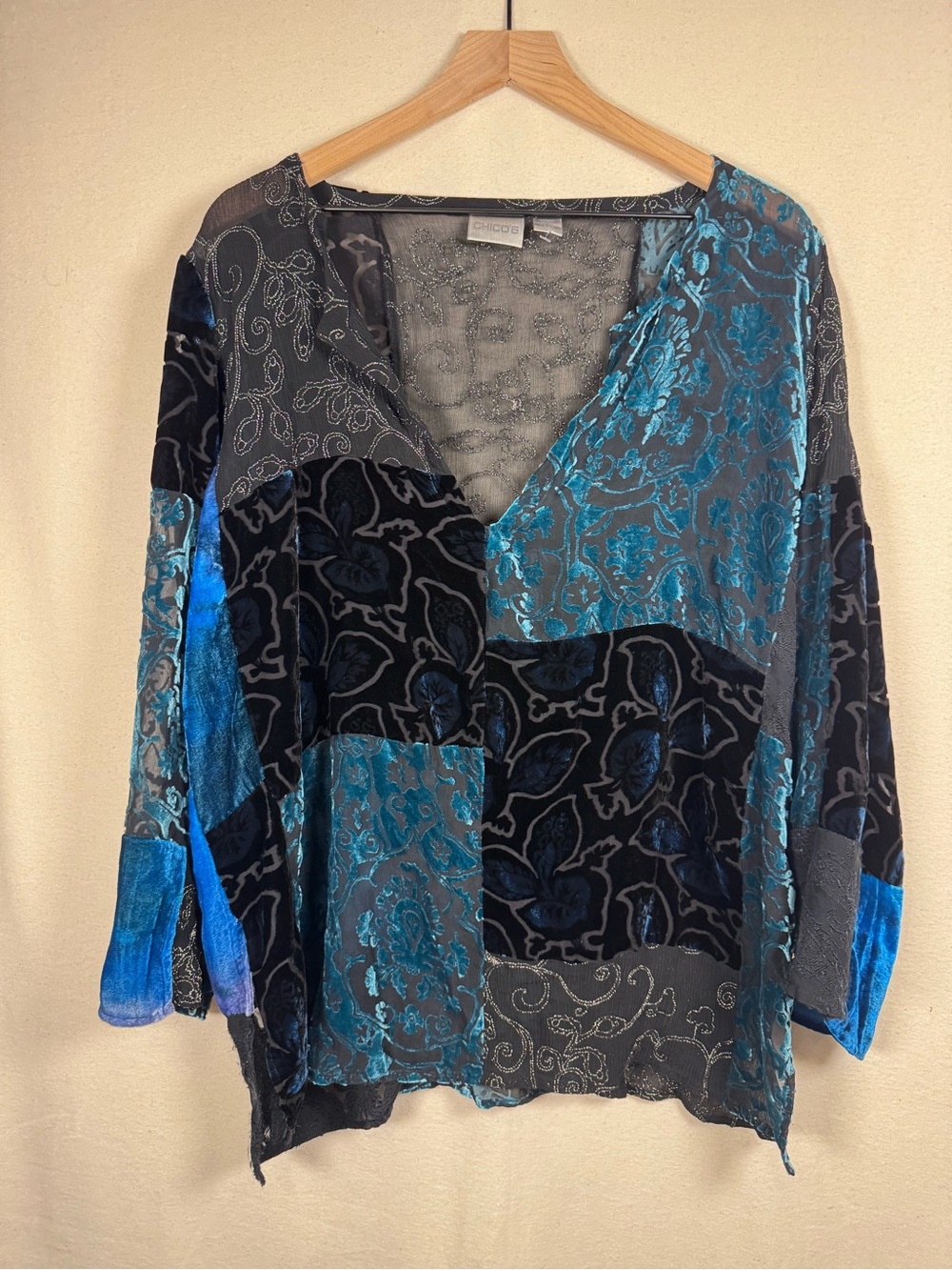 Chico's Blue & Black  Velvet burn out Sheer Tunic wide sleeves Boho, Witchy,Goth